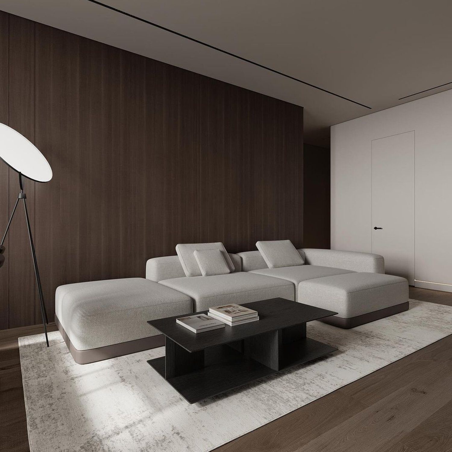 Minimalist living room design with sleek furniture and wooden accents