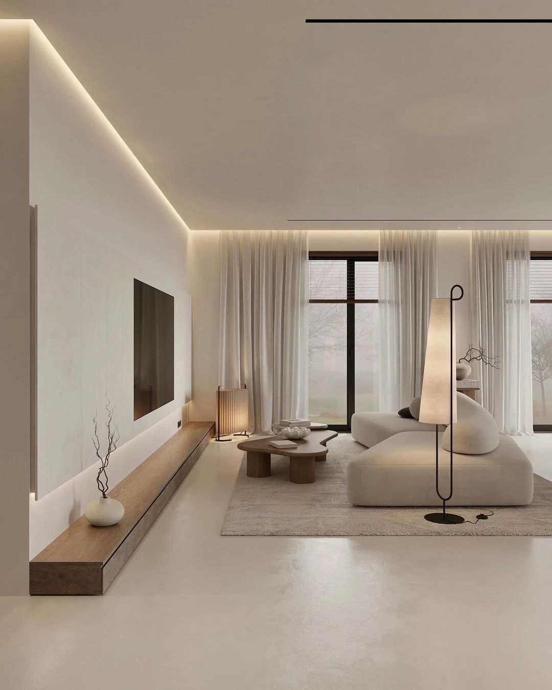 A minimalist living room with soft lighting