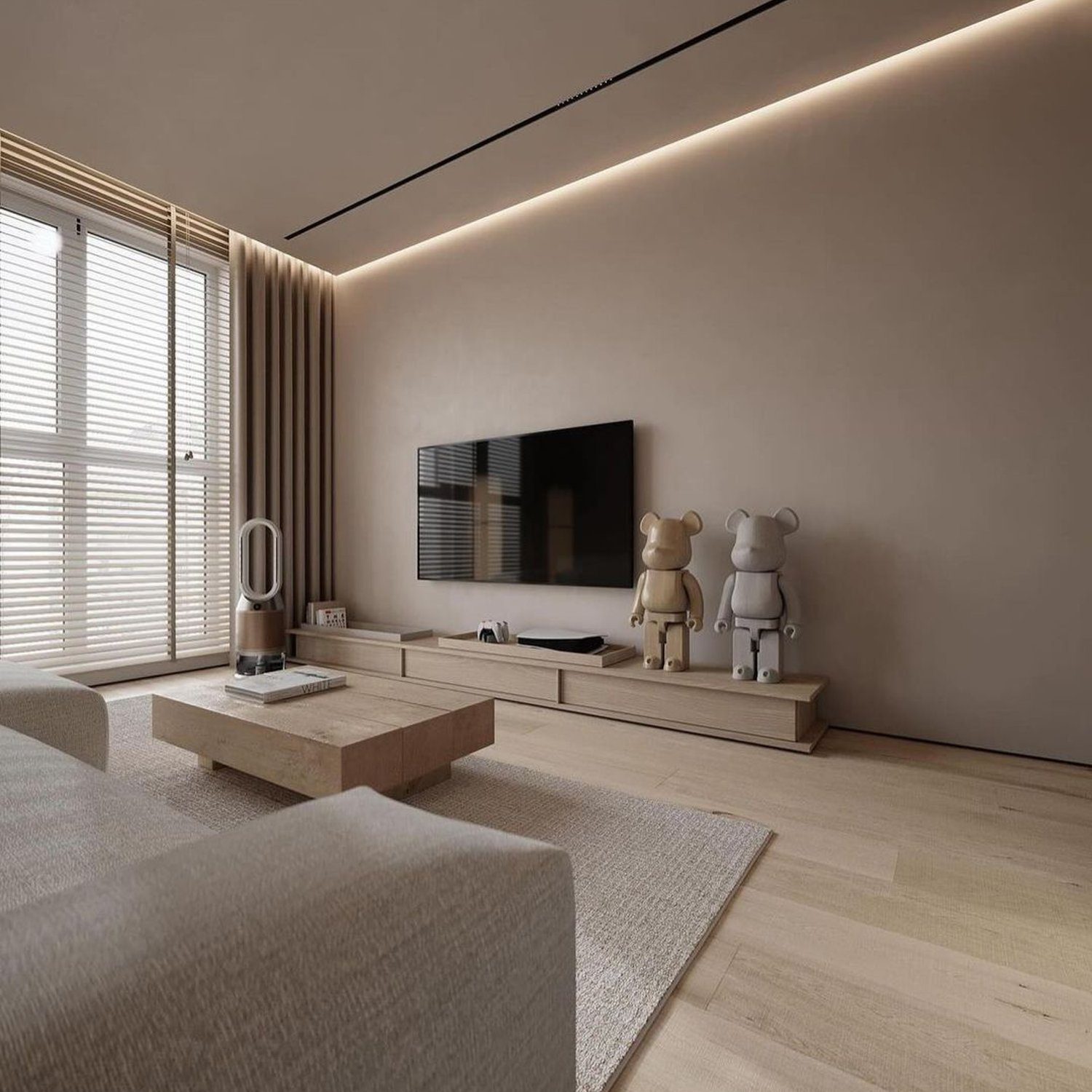 A minimalist living room with harmonious symmetrical design and warm neutral tones