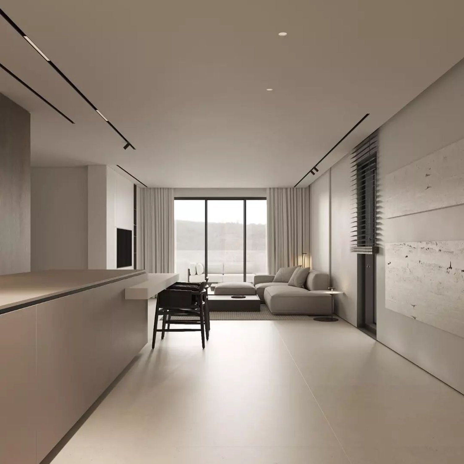 Minimalist living room with large windows