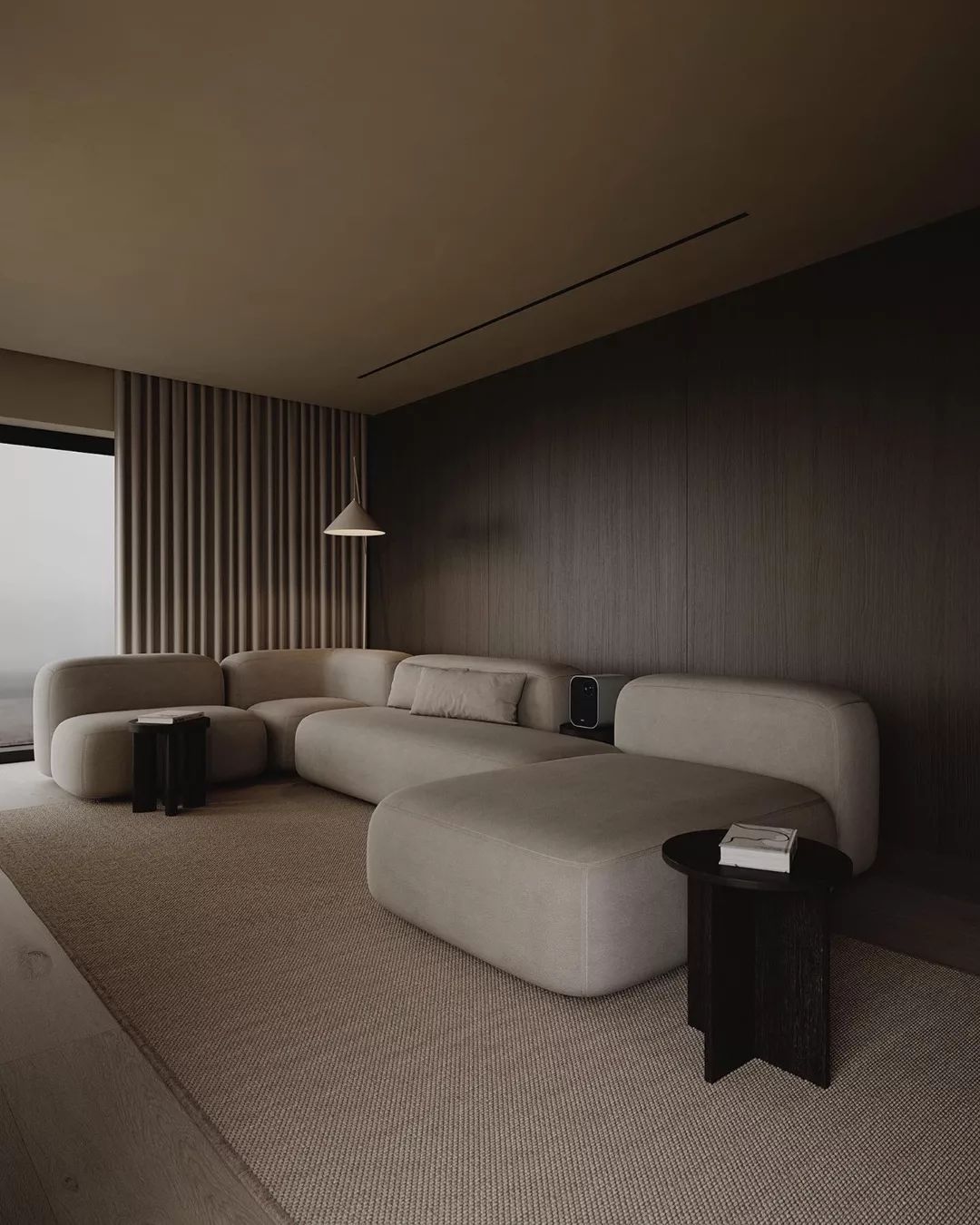 A minimalist living room with a monochromatic palette