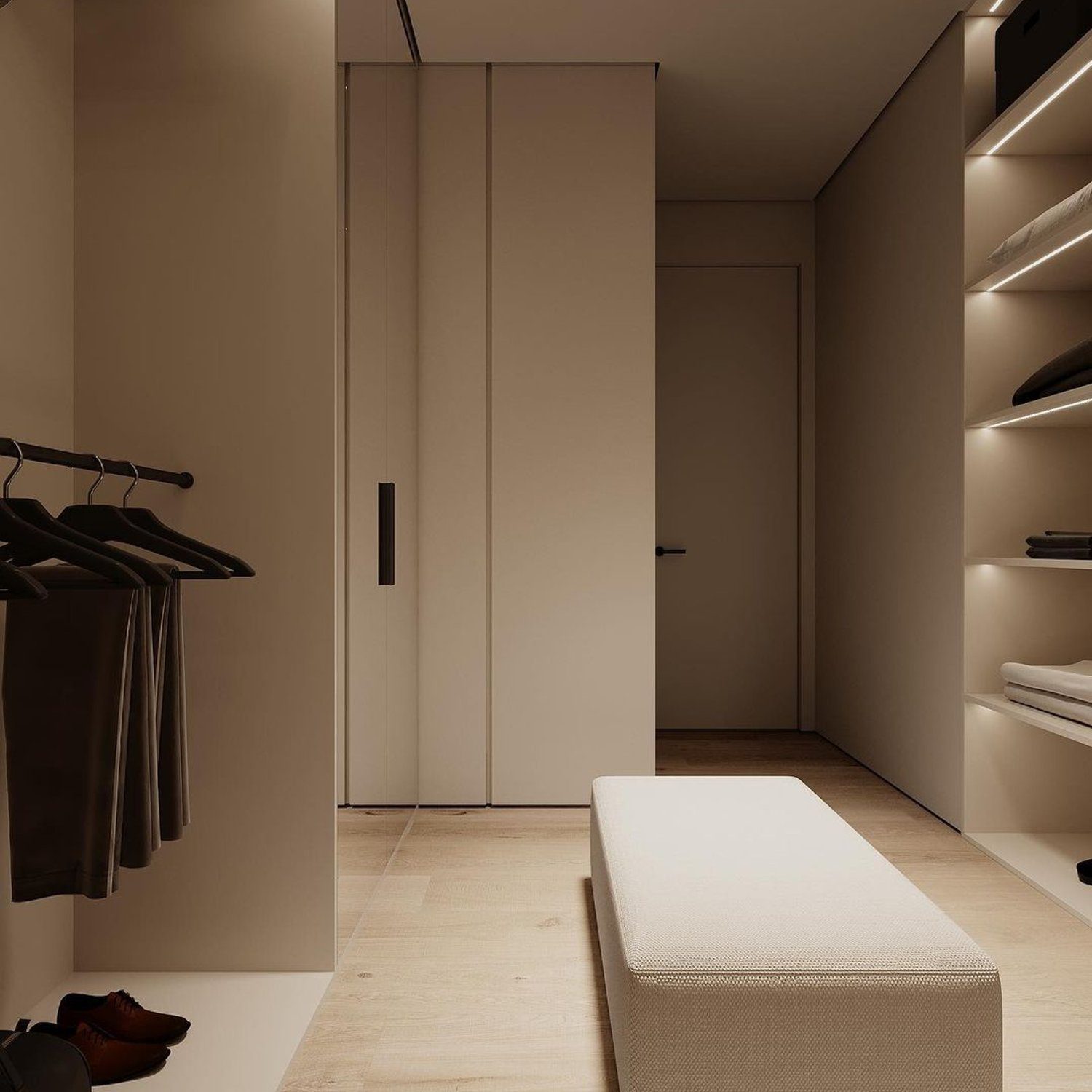 A minimalist walk-in closet featuring smart storage solutions and subtle lighting