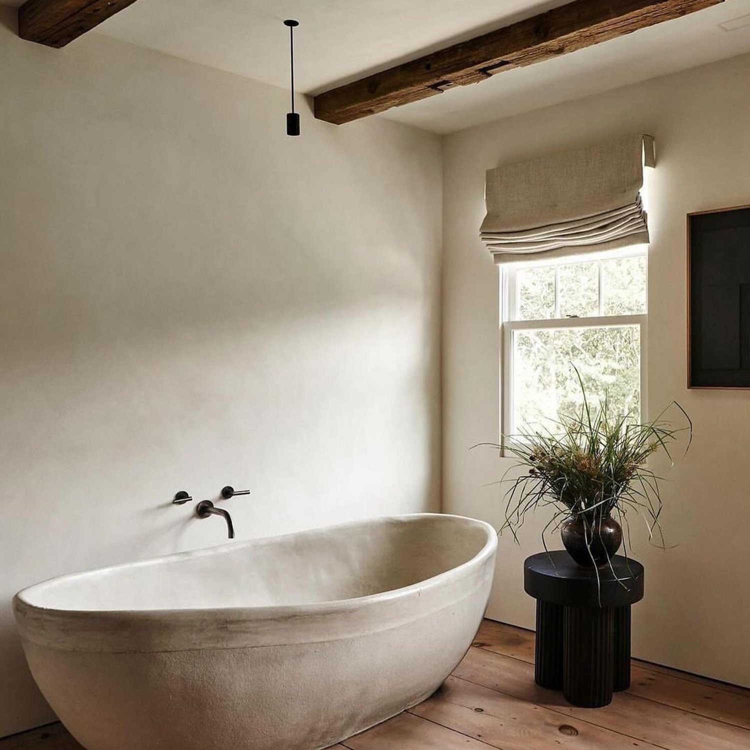 A serene bathroom featuring exposed wooden beams