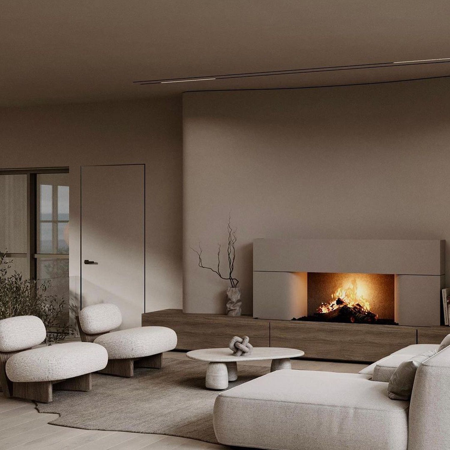 Minimalistic living room with a modern fireplace