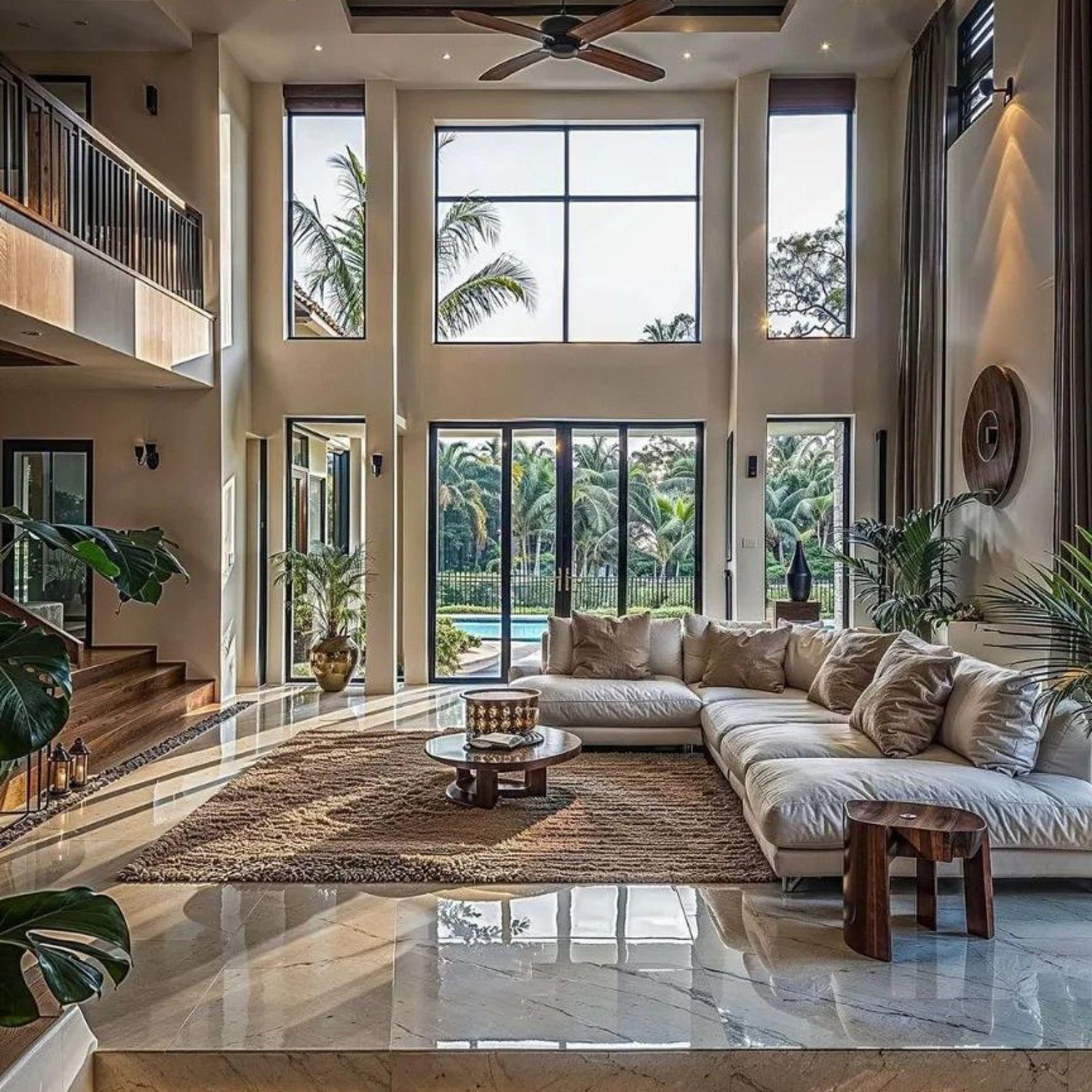 Luxurious open-plan living room with high ceilings and tall windows