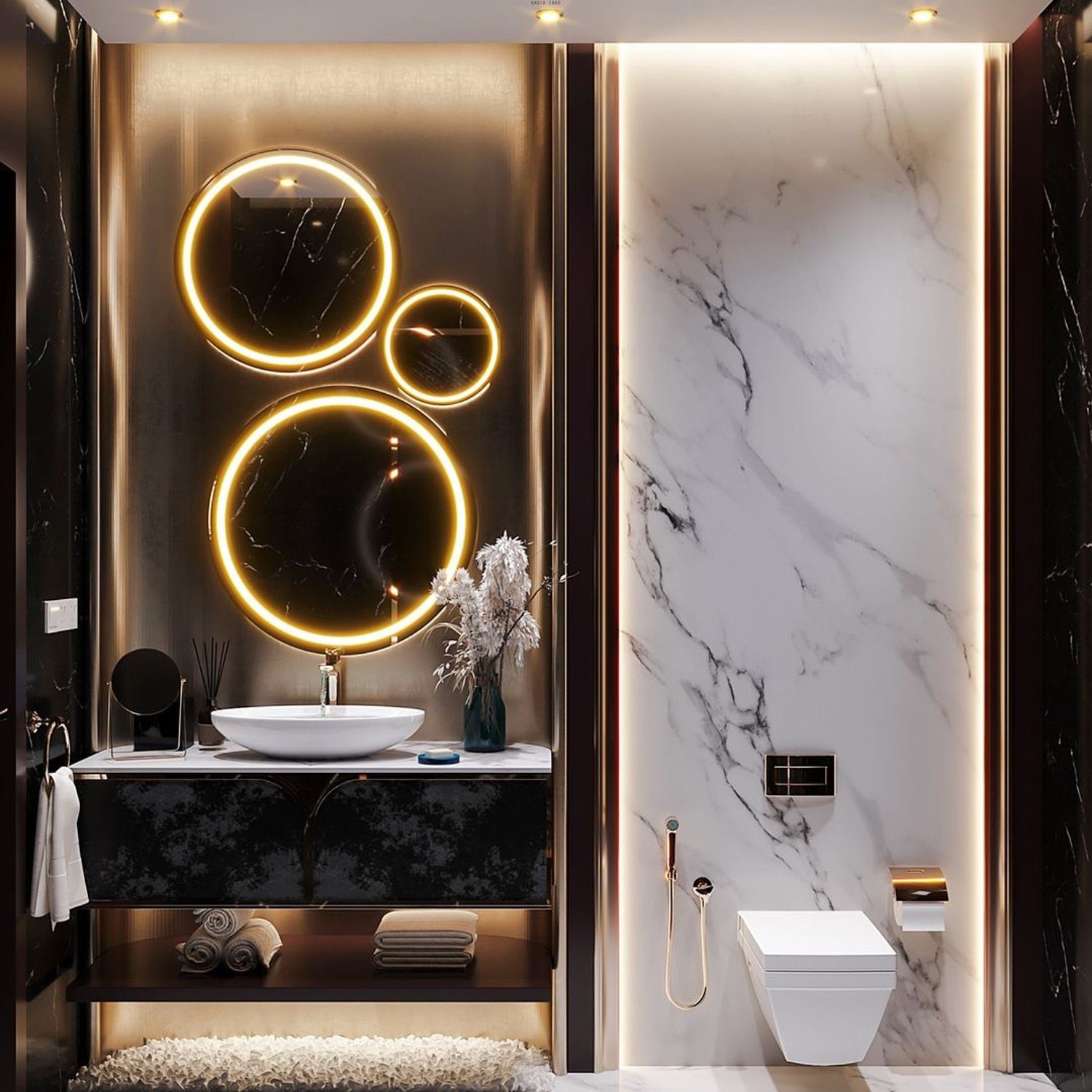 Luxurious modern bathroom with artistic circular illuminated mirrors on a black wall, marble paneling, and gold accents