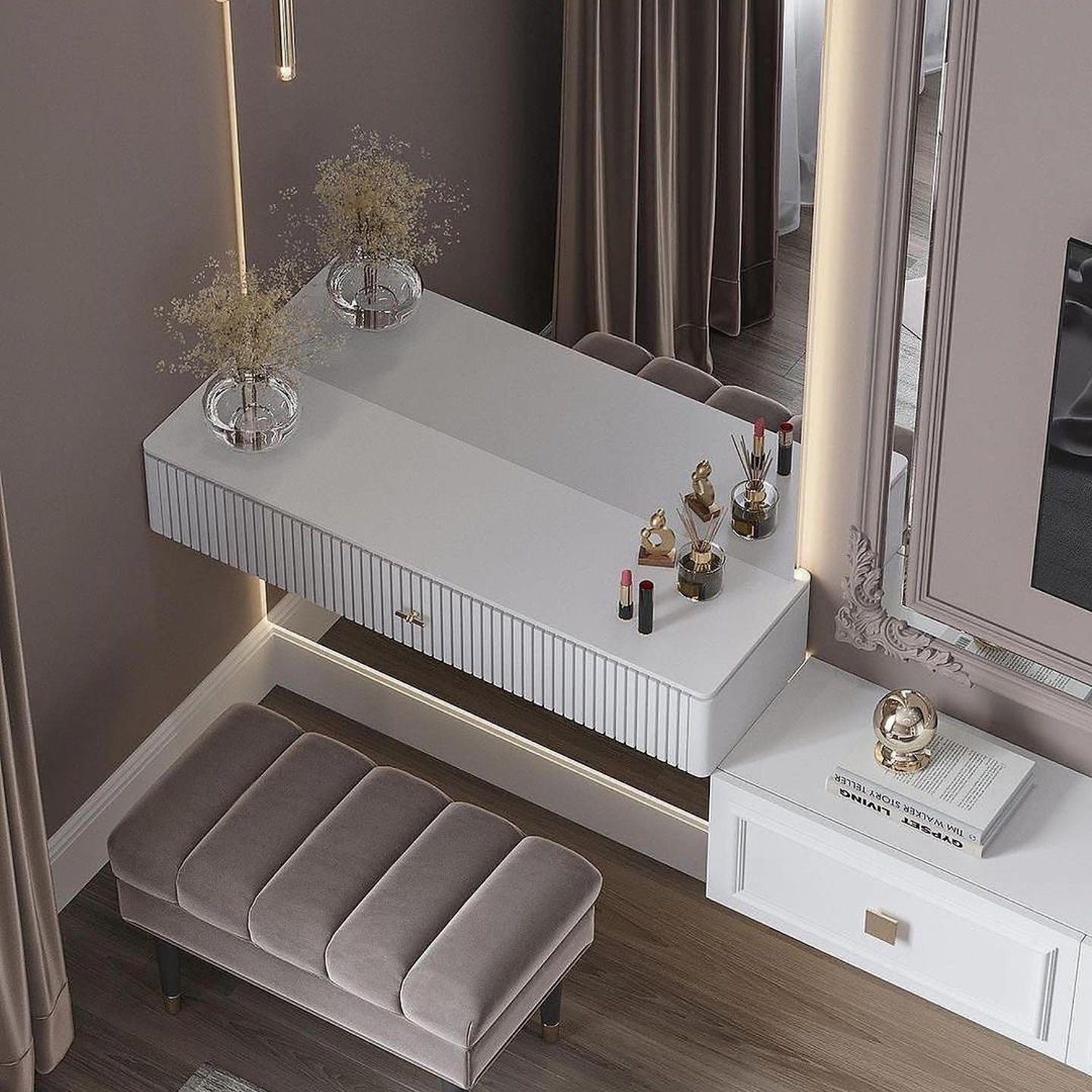 Elegant makeup vanity with a plush bench