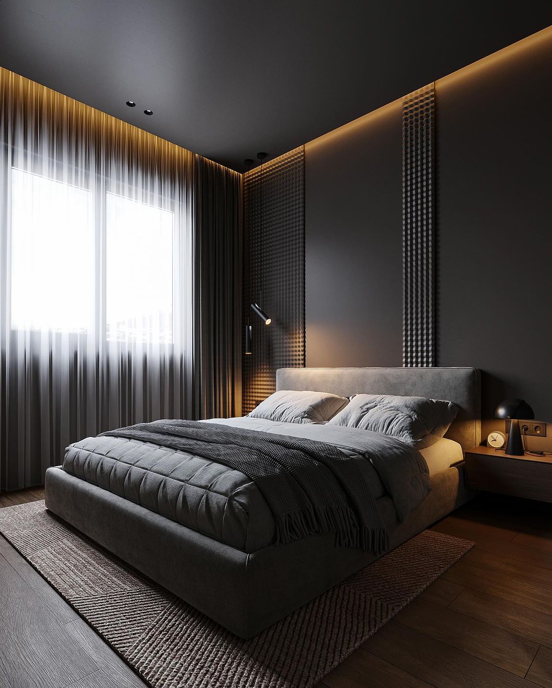 A modern bedroom with sophisticated charm