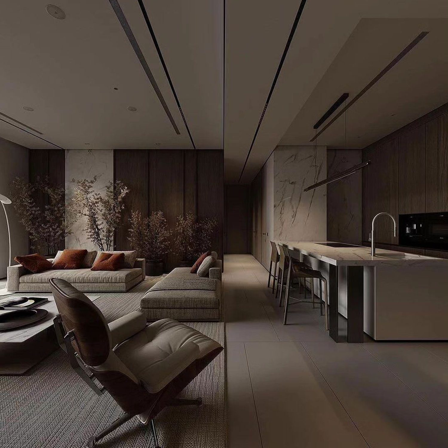 Elegant minimalist interior design with a harmonious blend of dark tones