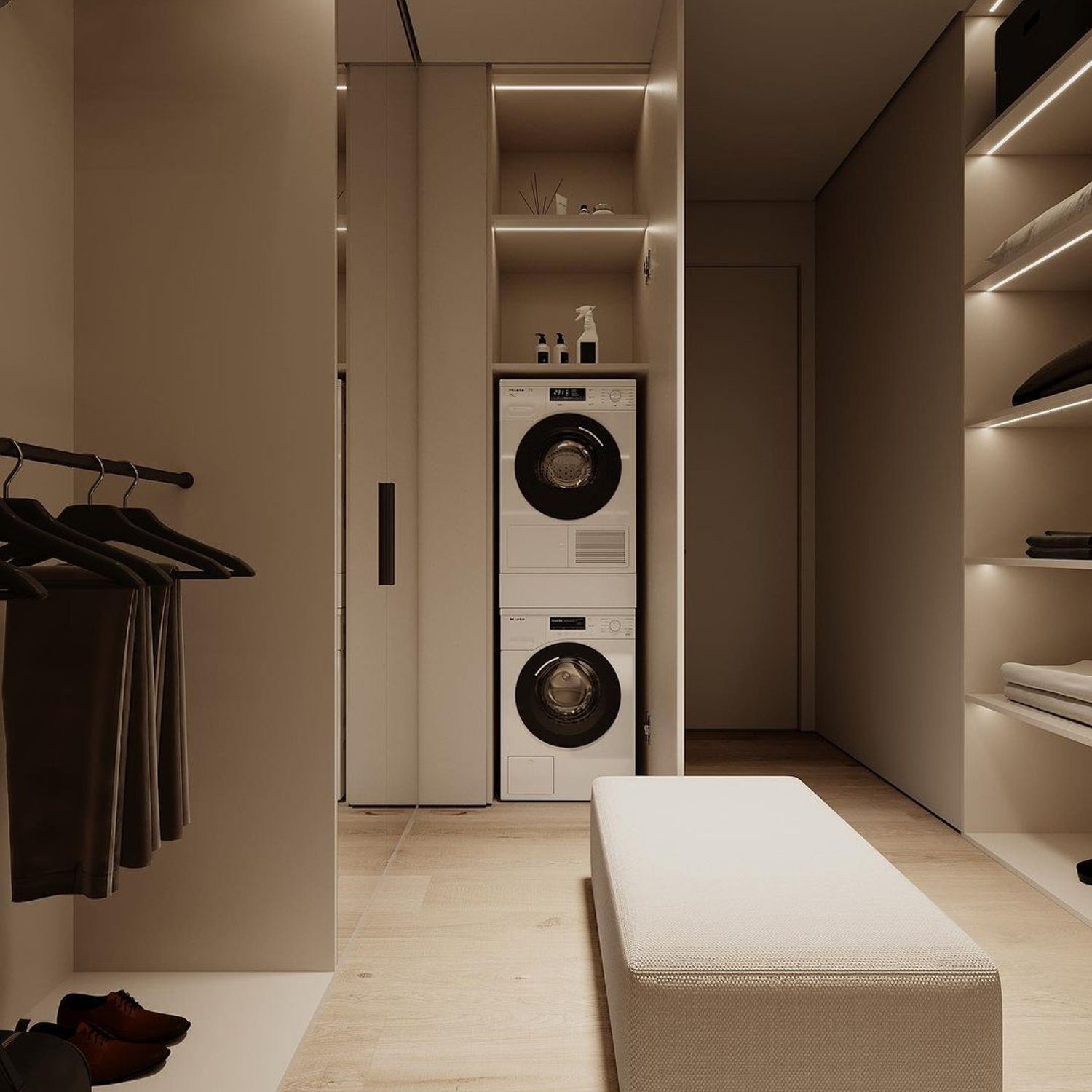 A neatly organized walk-in closet featuring a stackable washing machine and dryer