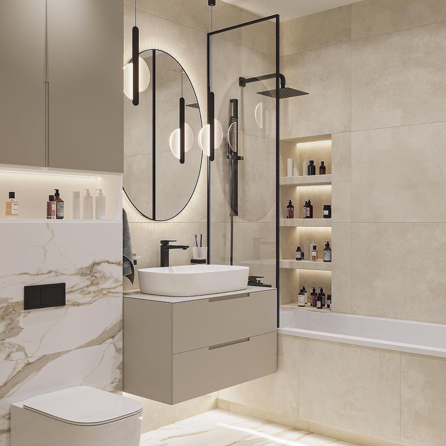 A modern and elegant bathroom featuring neutral tones and sleek fixtures.