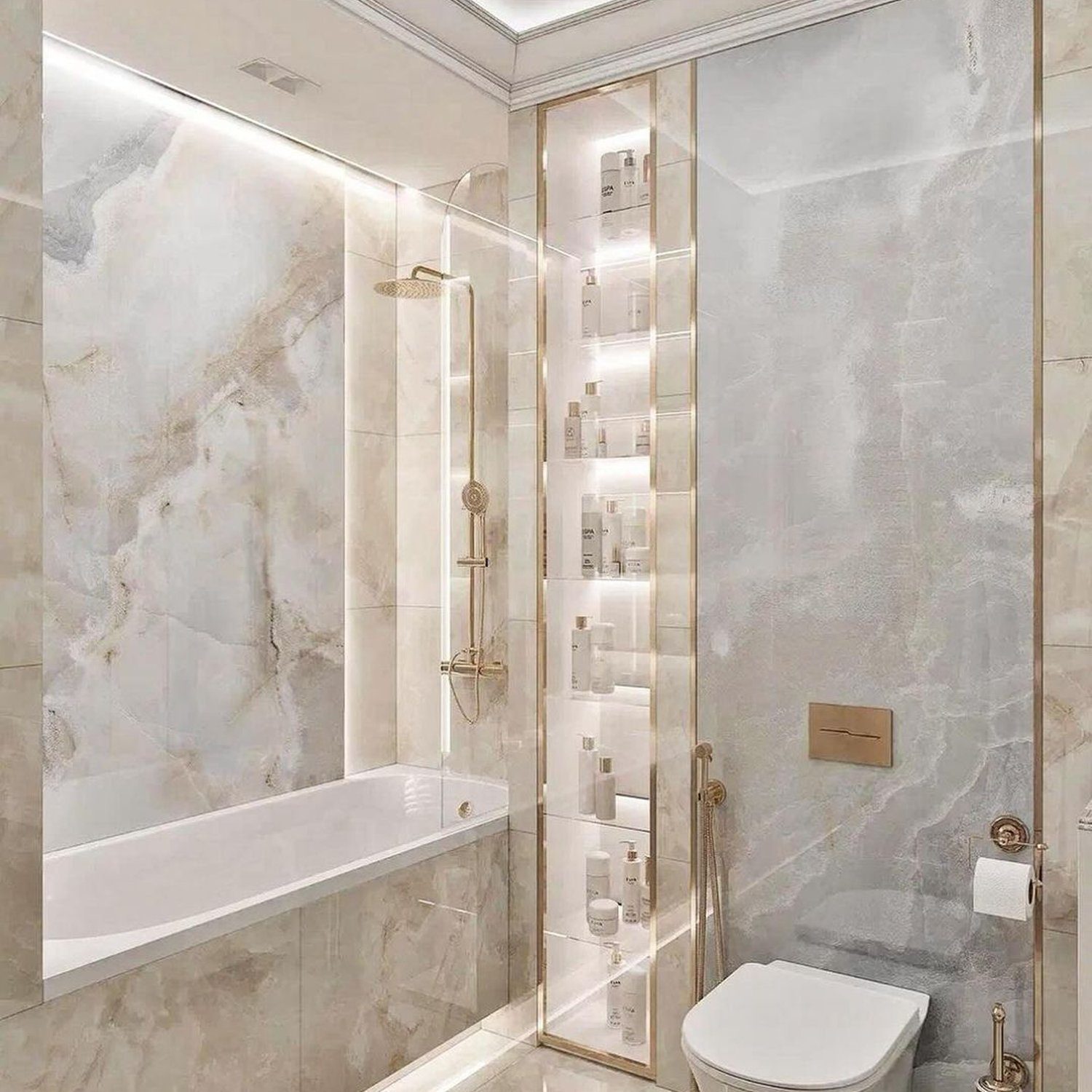 Luxurious marble bathroom with gold accents