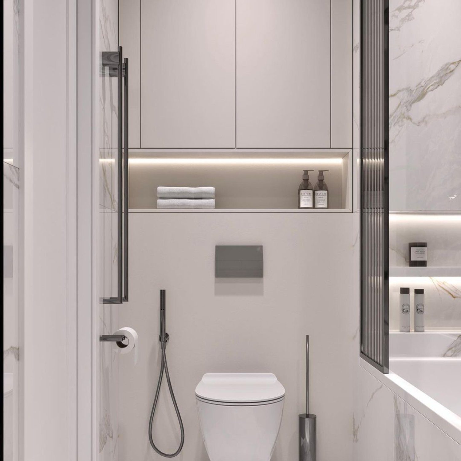 A minimalist bathroom design with marble walls and flooring