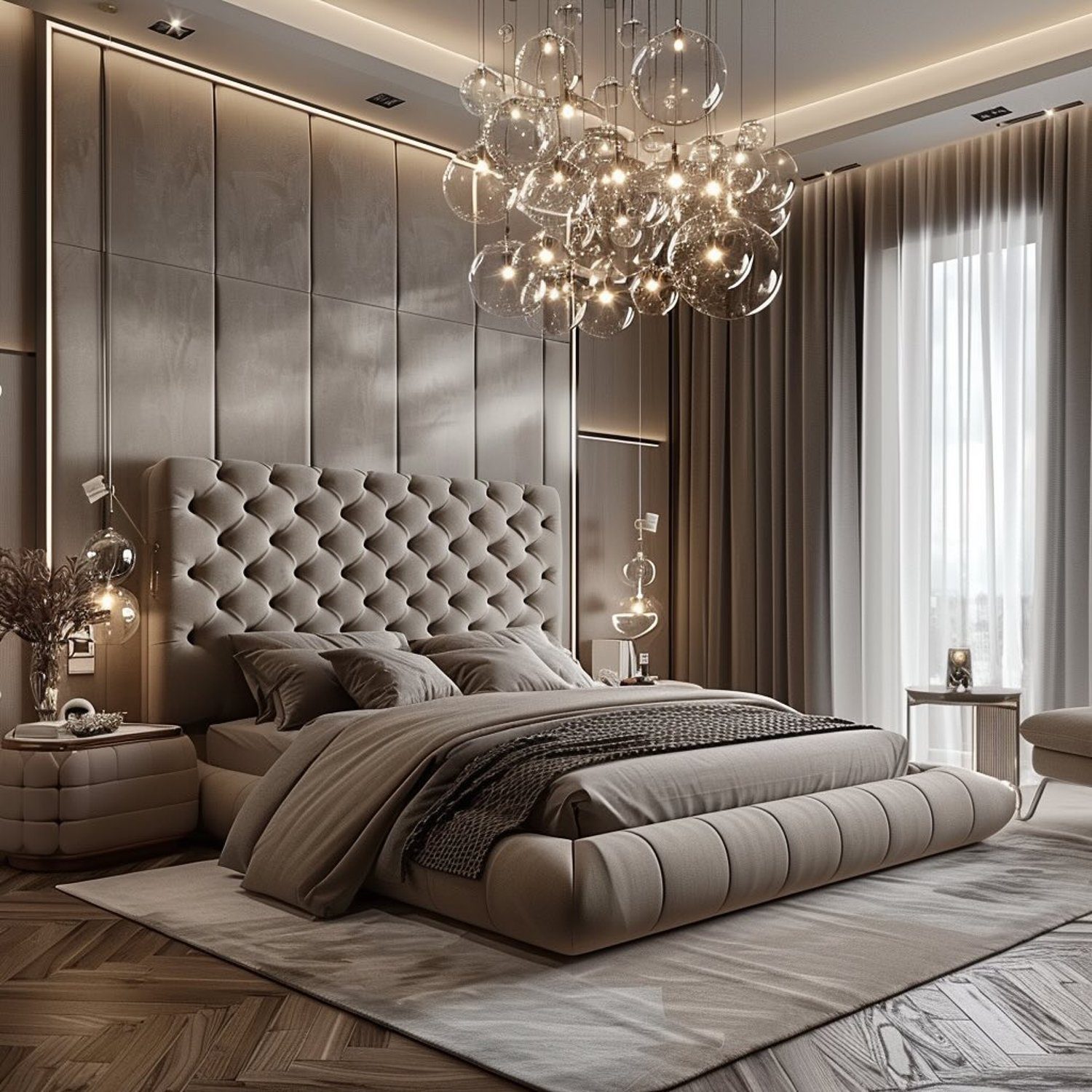 Luxurious bedroom with plush textures and sophisticated ambience