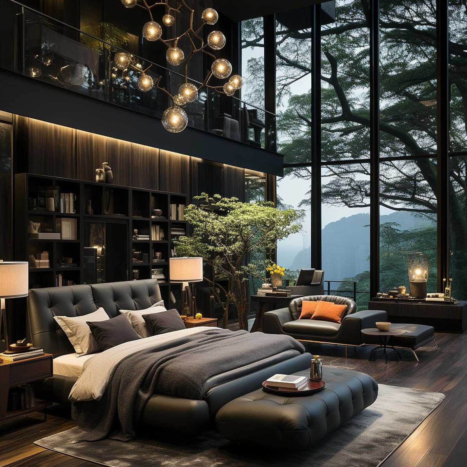 Luxurious bedroom with a forest view