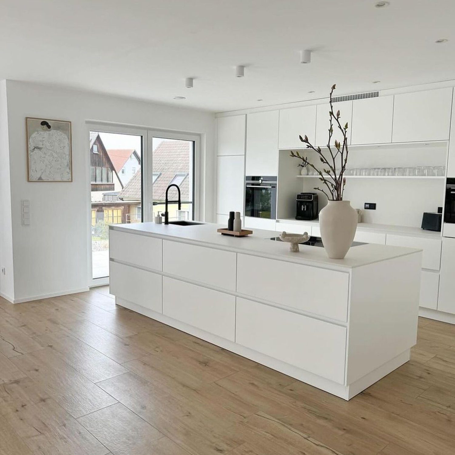 Modern spacious kitchen with large windows