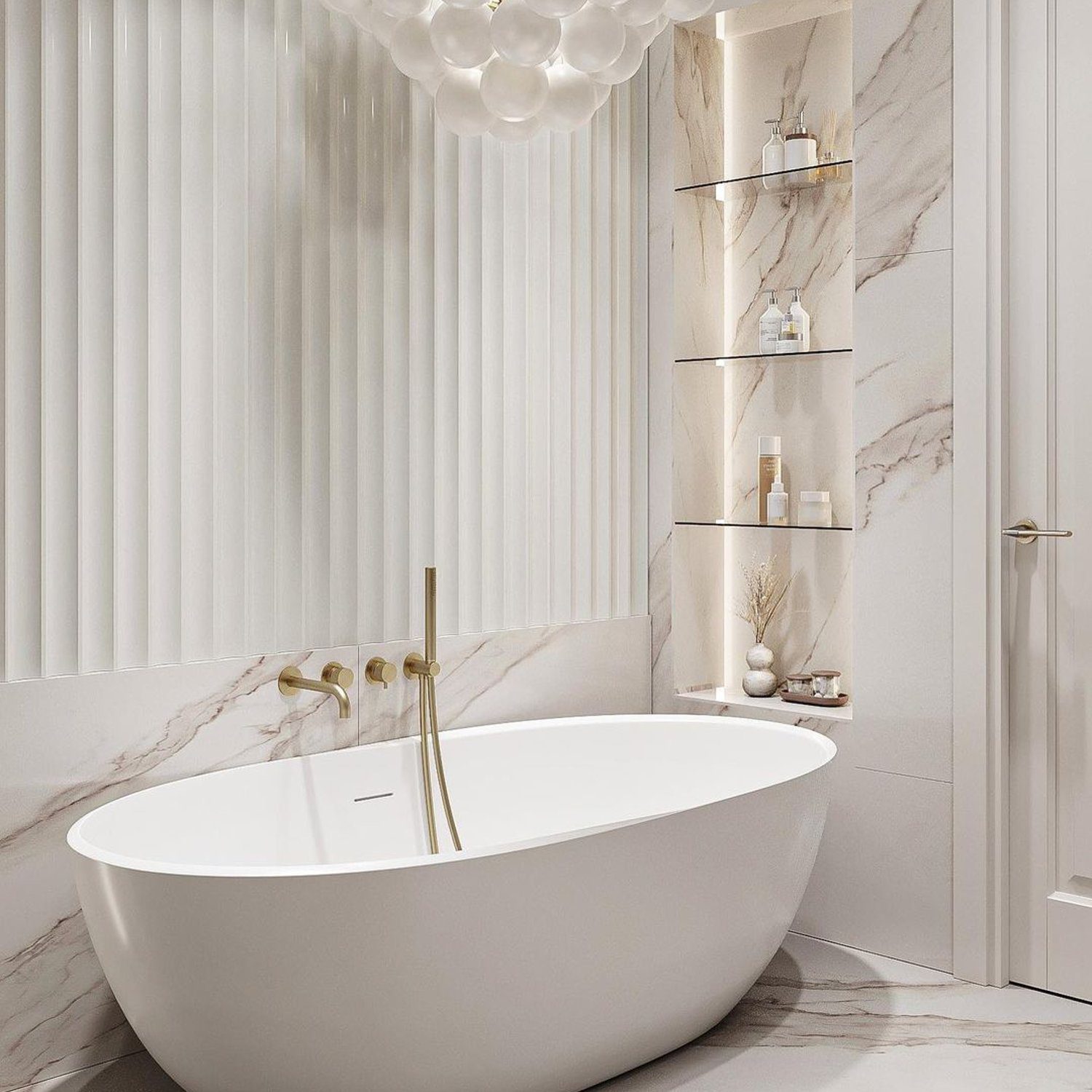 Elegant white marble bathroom featuring a free-standing tub