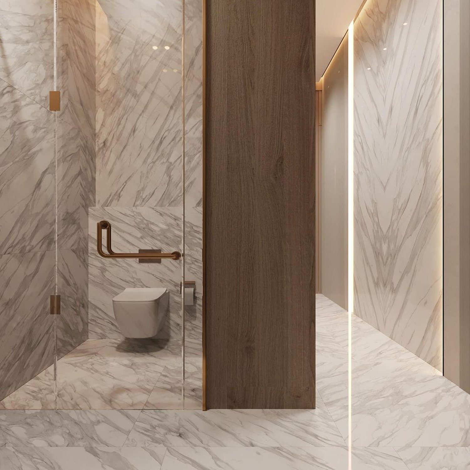 Elegant marble bathroom with wooden accents