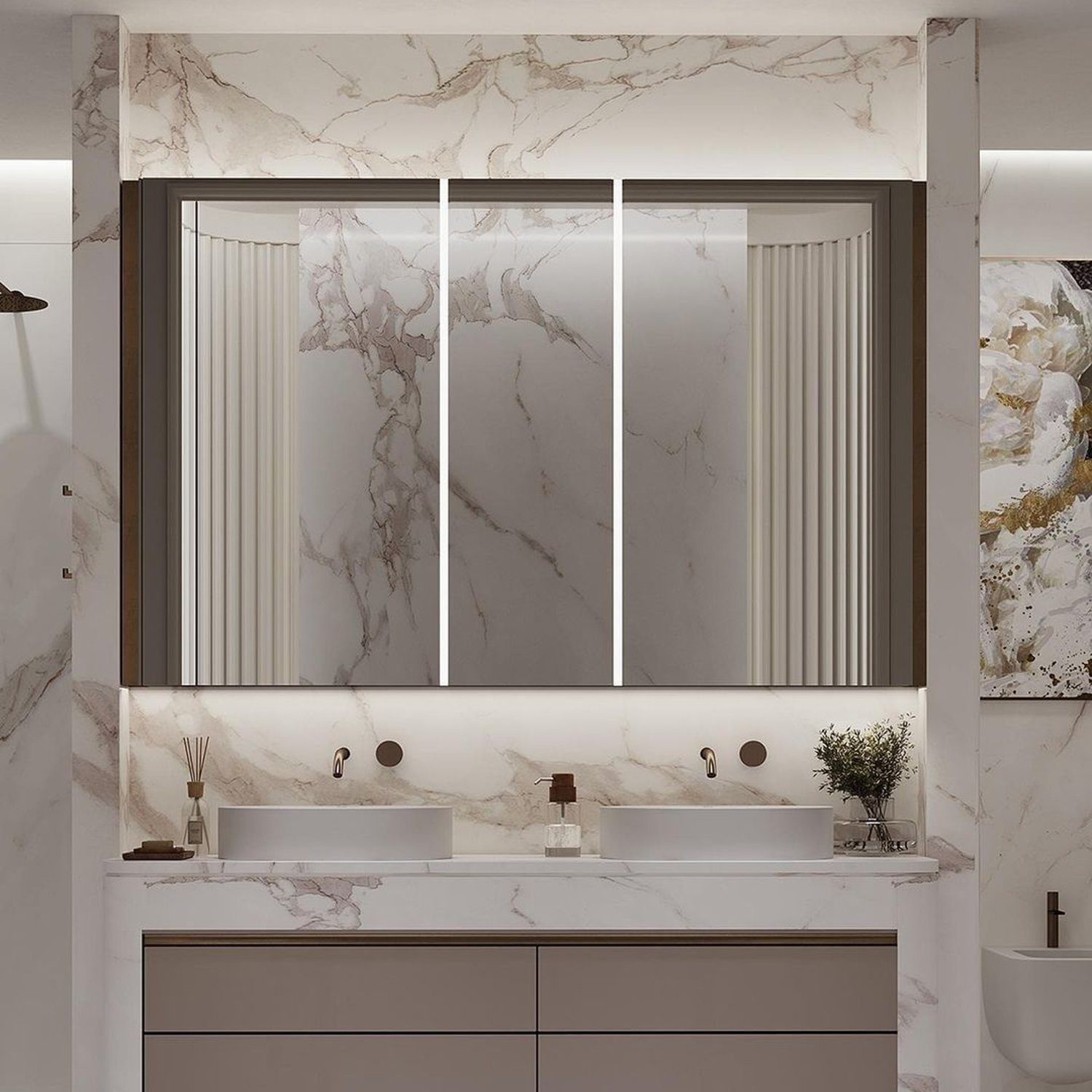 Elegant dual-sink bathroom with marble accents