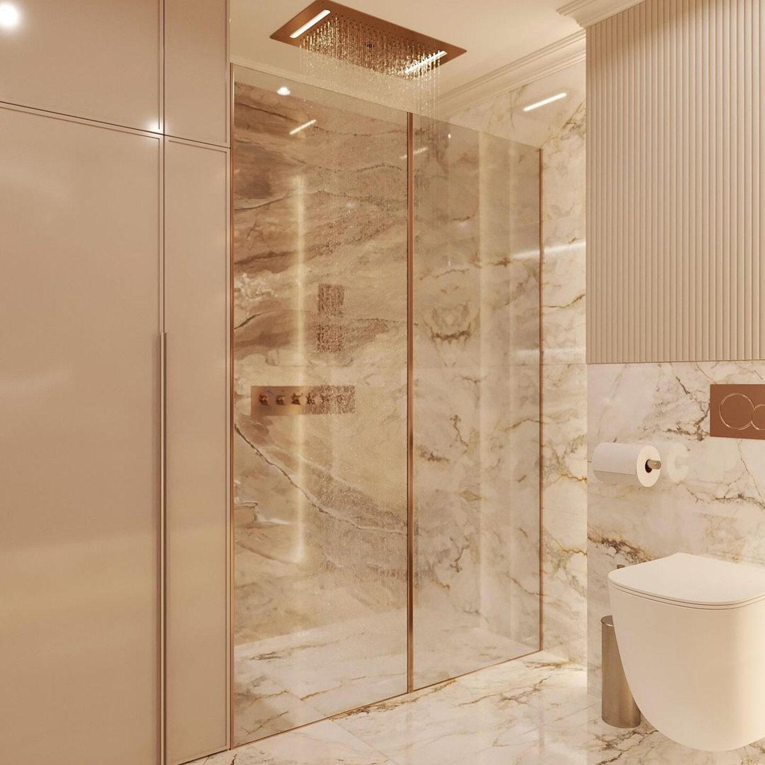 Elegant marble bathroom with rain shower