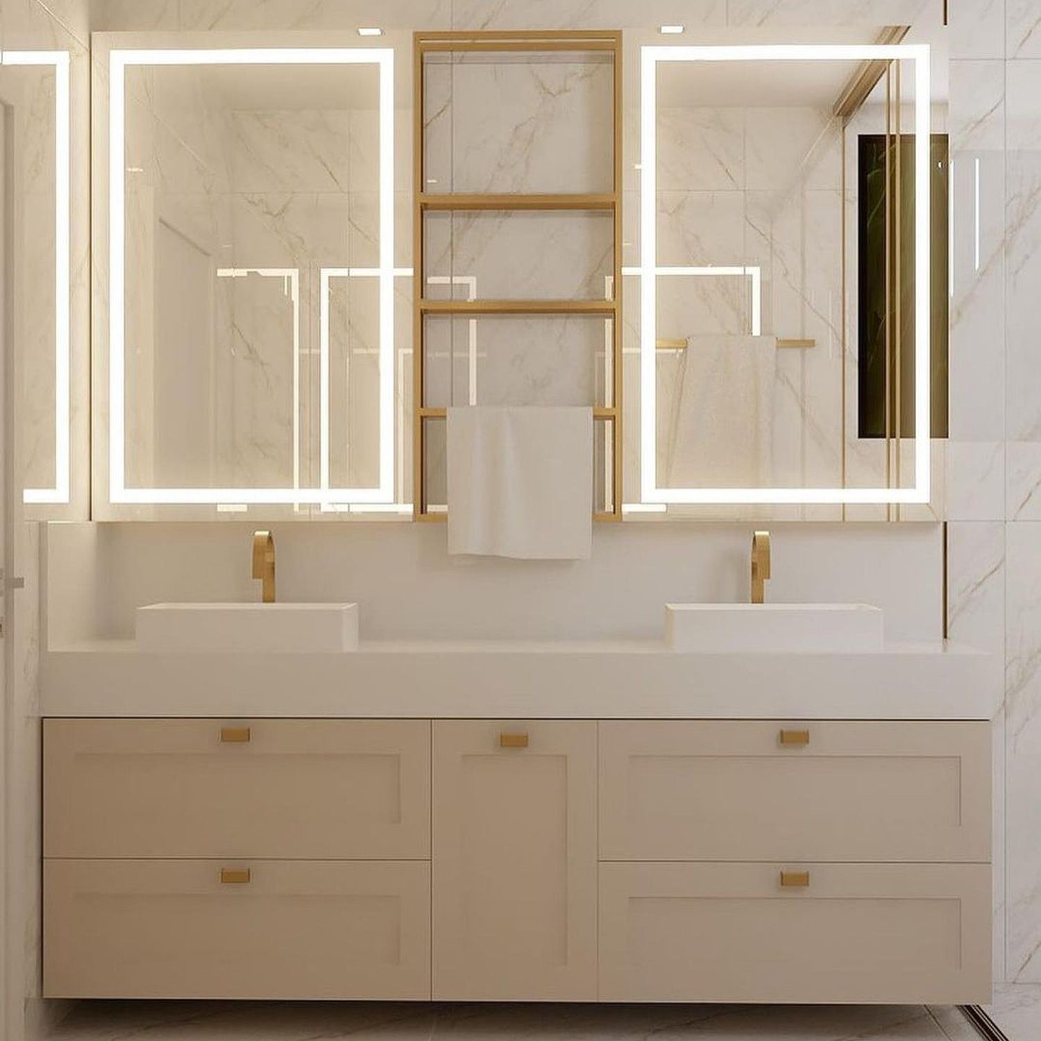 Elegant marble bathroom with dual vanities