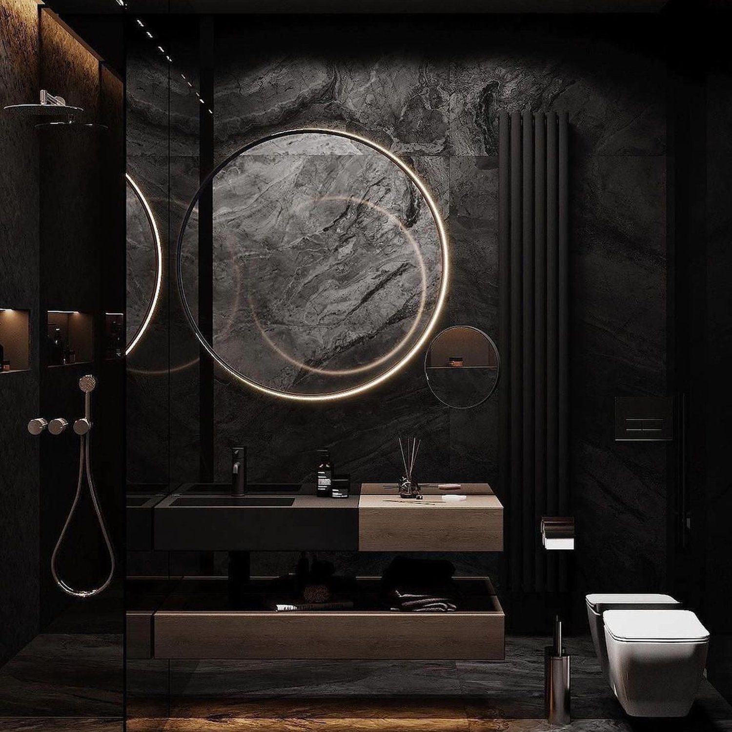 Contemporary Bathroom Design with Dark Tones and Circular Lighted Mirrors