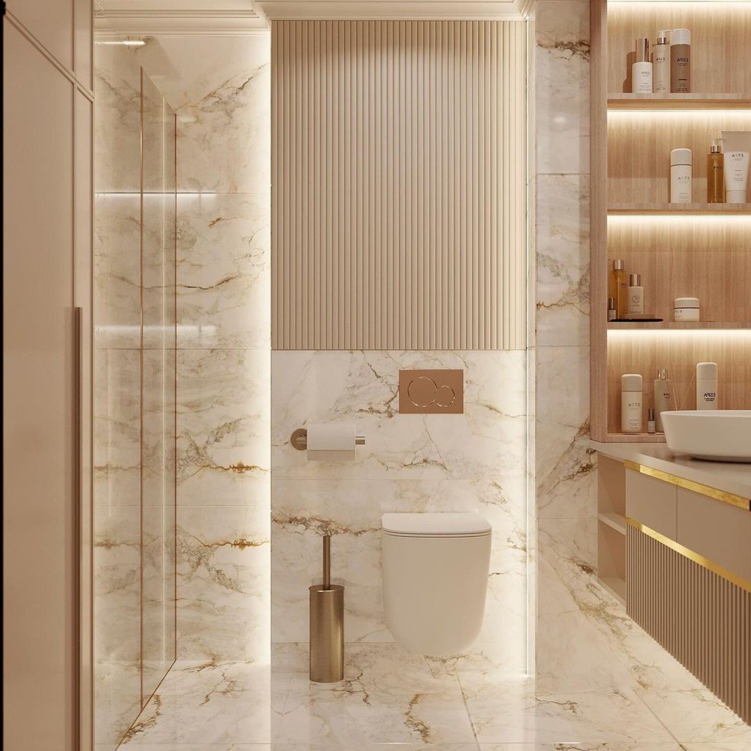 Elegant marble bathroom with golden accents