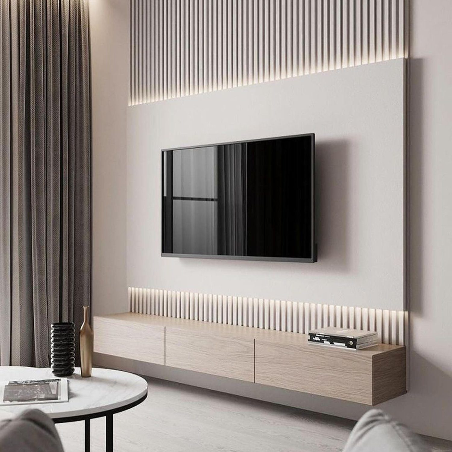 Modern minimalist living room design with sleek wall-mounted TV