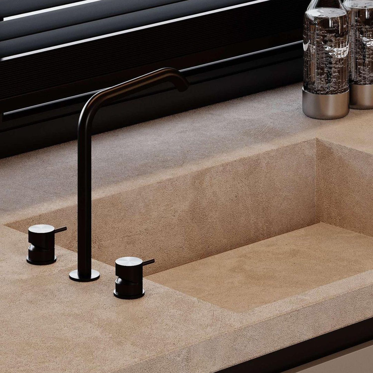 Elegant sand-toned bathroom sink with matte black fixtures