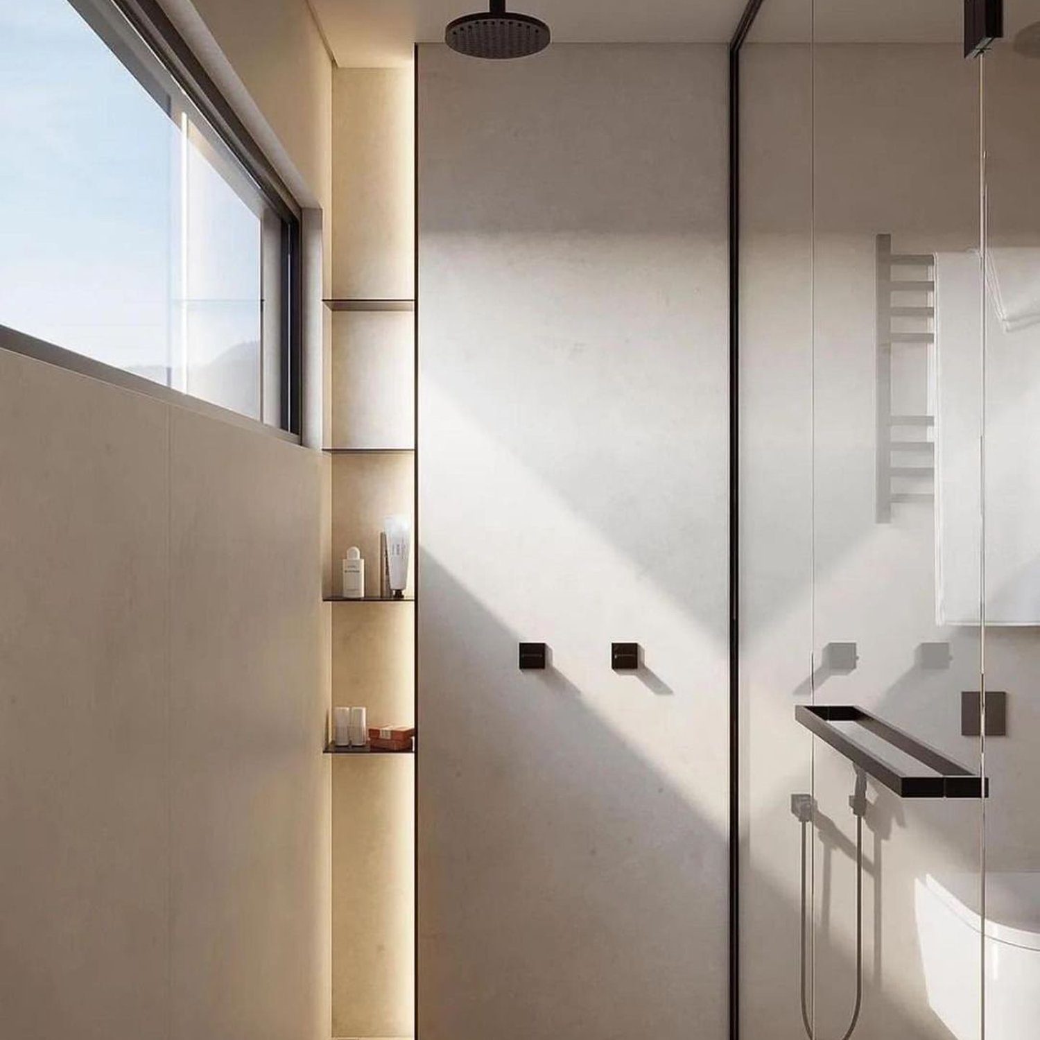 A minimalist bathroom with natural light