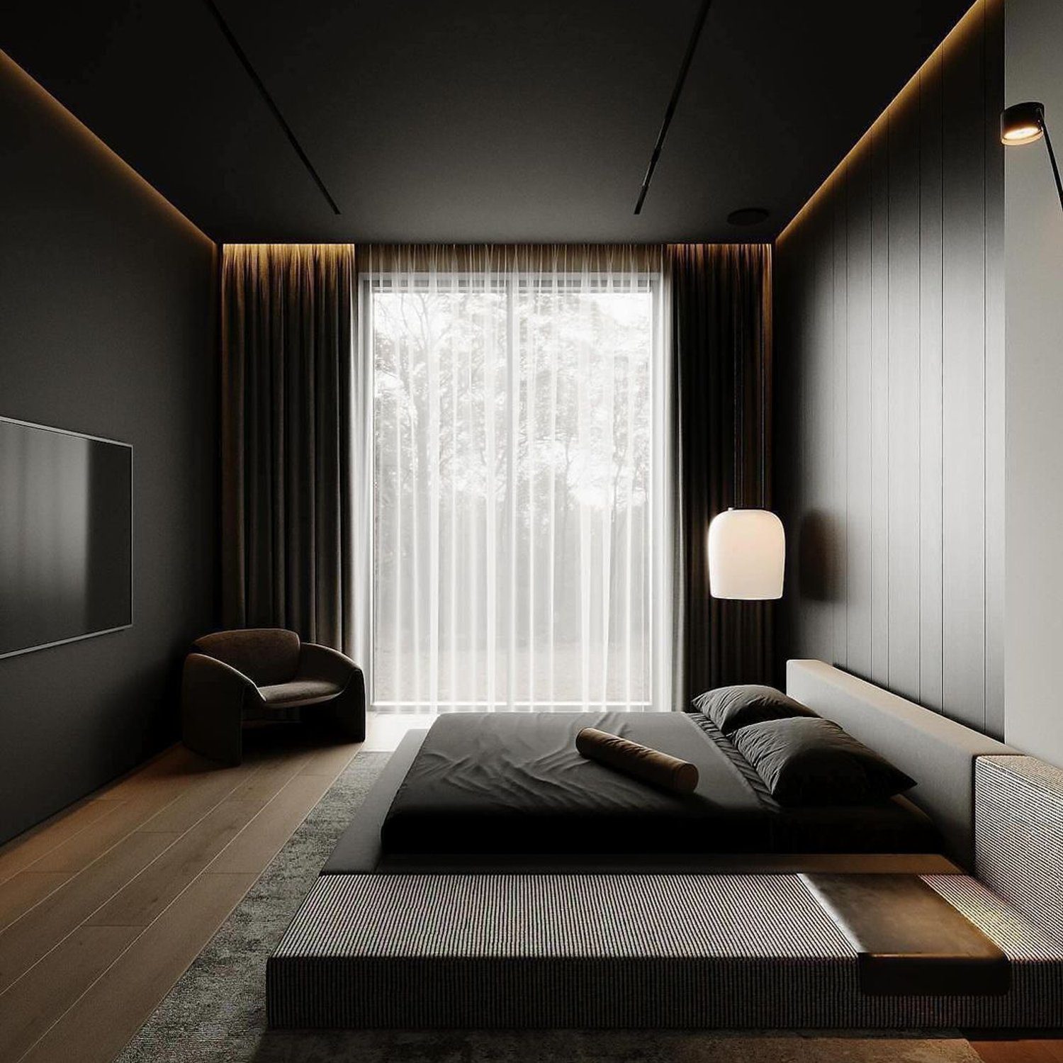 A minimalist bedroom with a sophisticated color palette