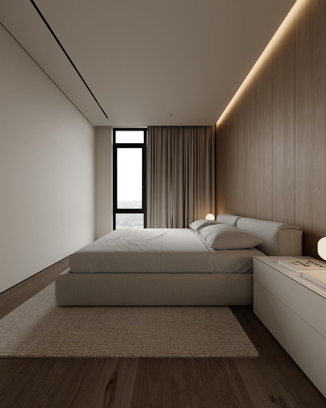 A minimalist bedroom design featuring a low-lying bed with neutral bedding, wooden accent wall, and sleek curtains