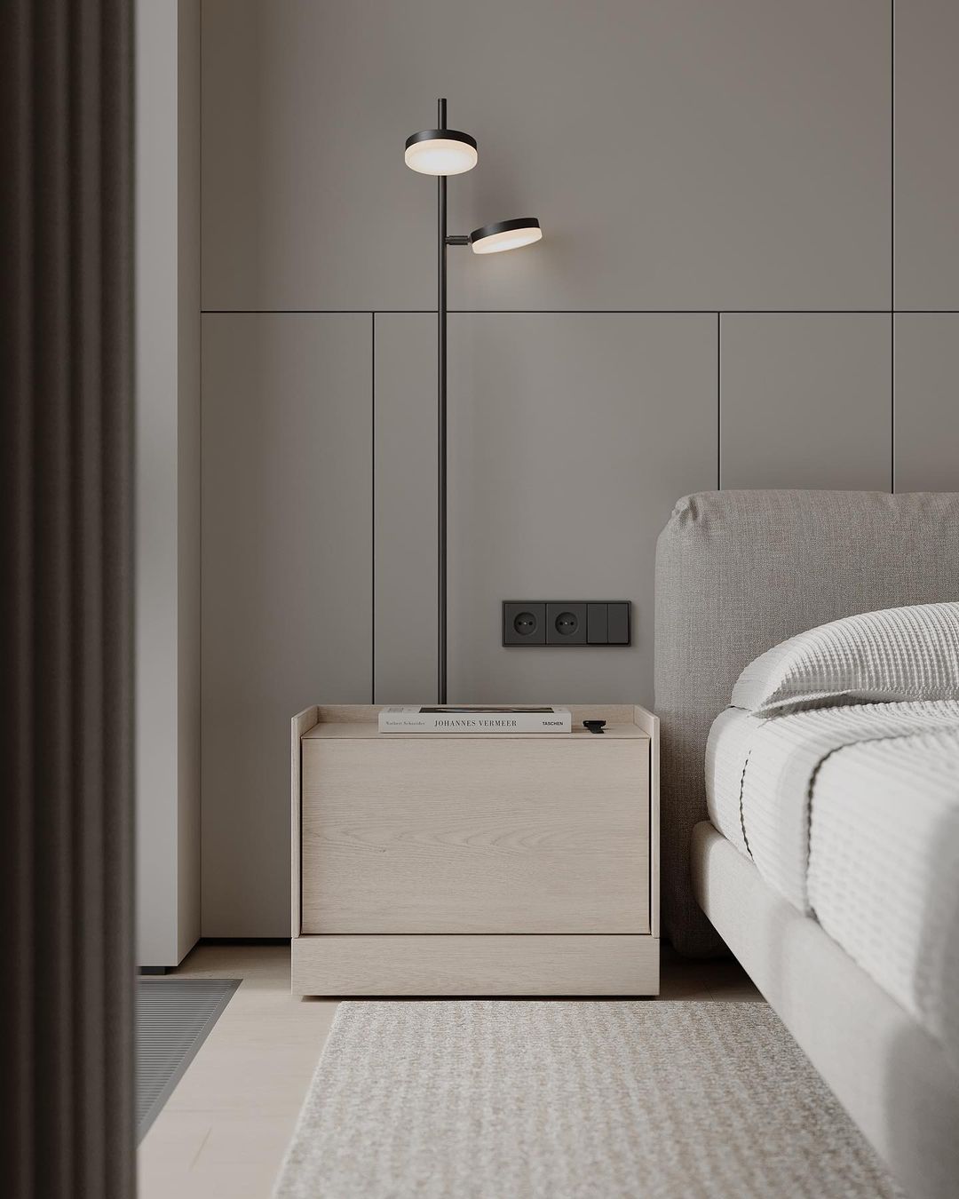 A minimalist bedroom showcasing a sleek floor lamp with dual lighting