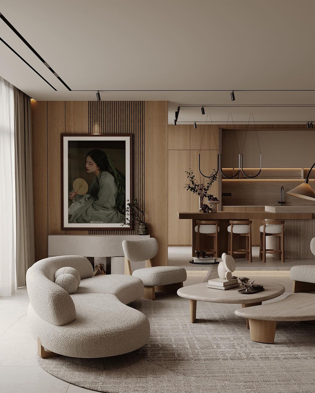 A modern and minimalist living room featuring textured chairs and a wooden centerpiece