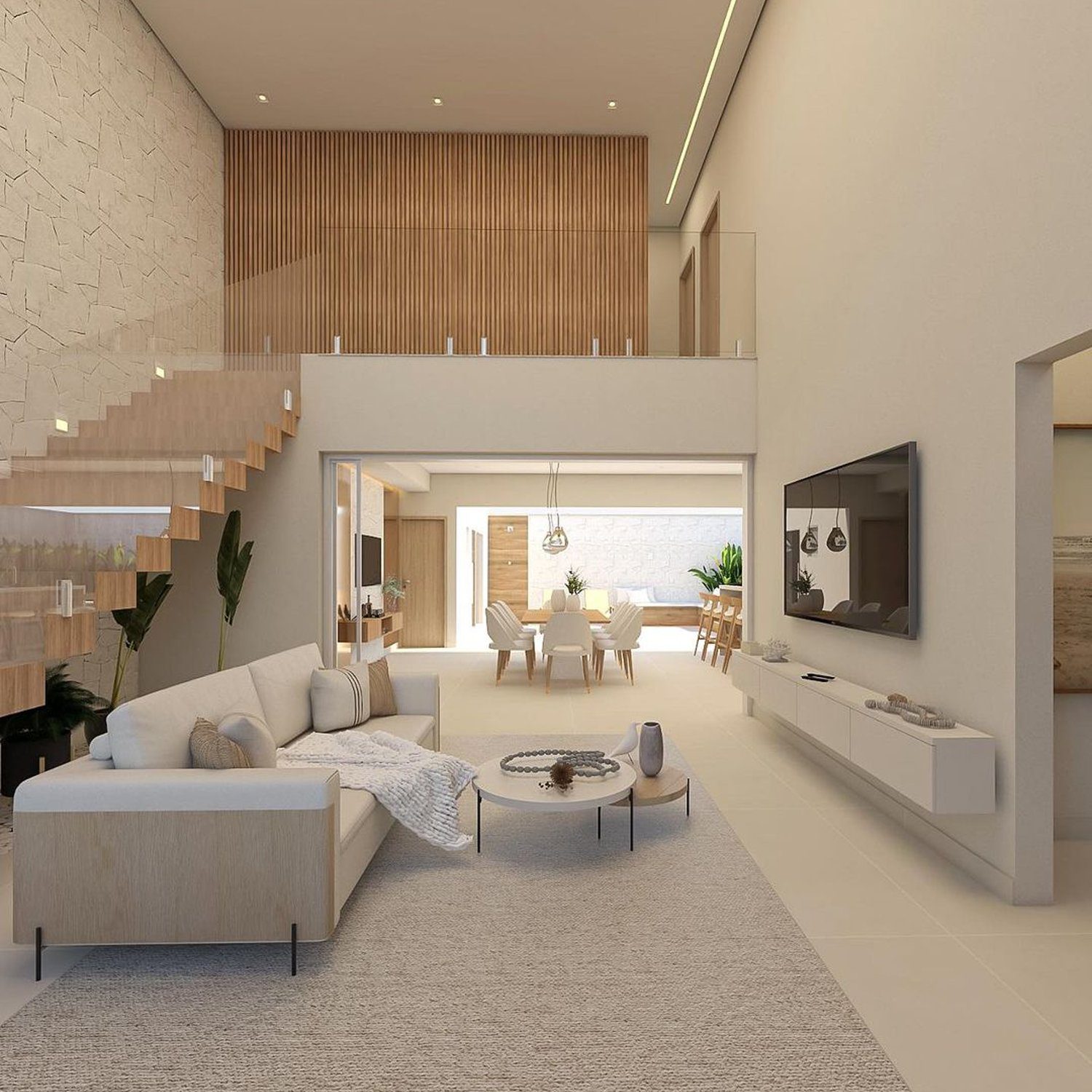 Contemporary open concept living space seamlessly integrating cozy furniture with a minimalist design aesthetic