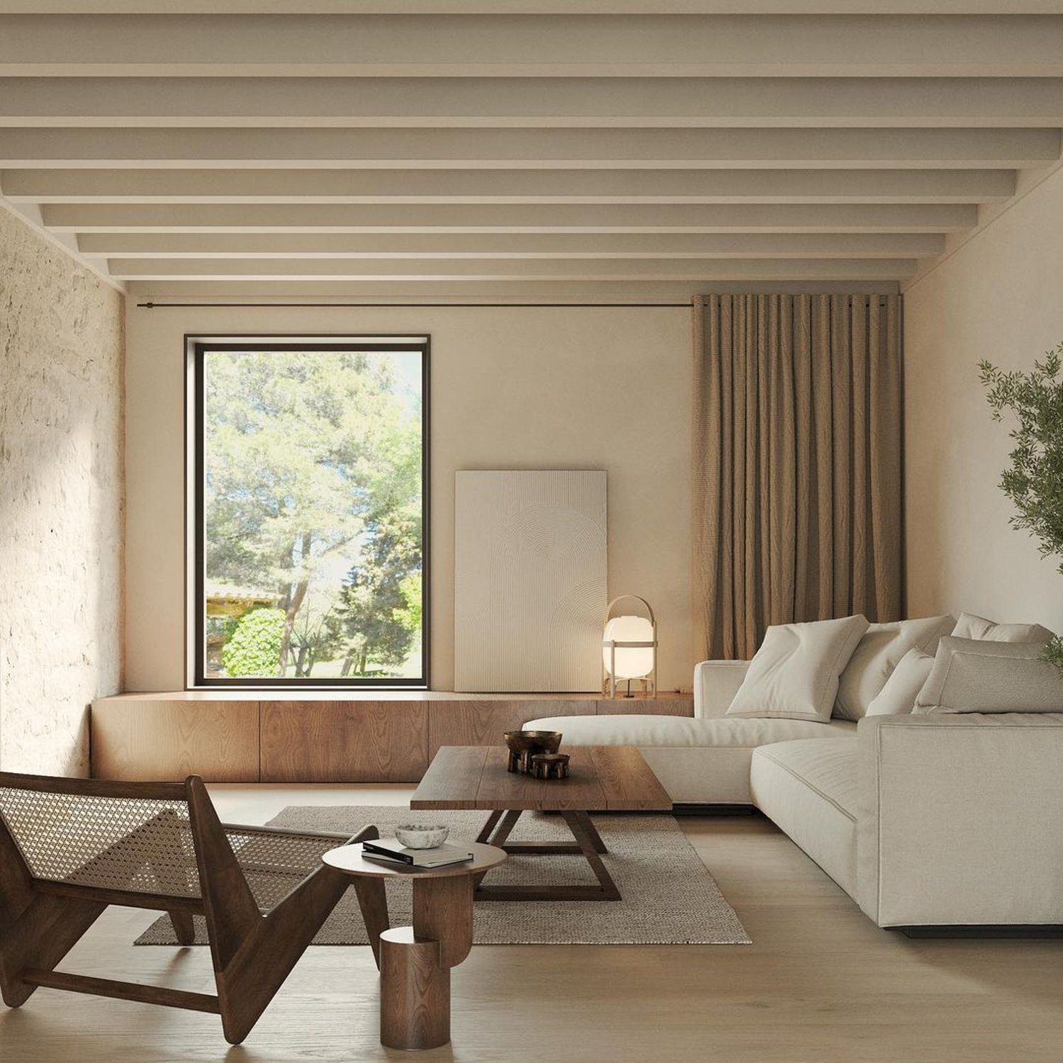 A harmoniously designed living room with a minimalist aesthetic