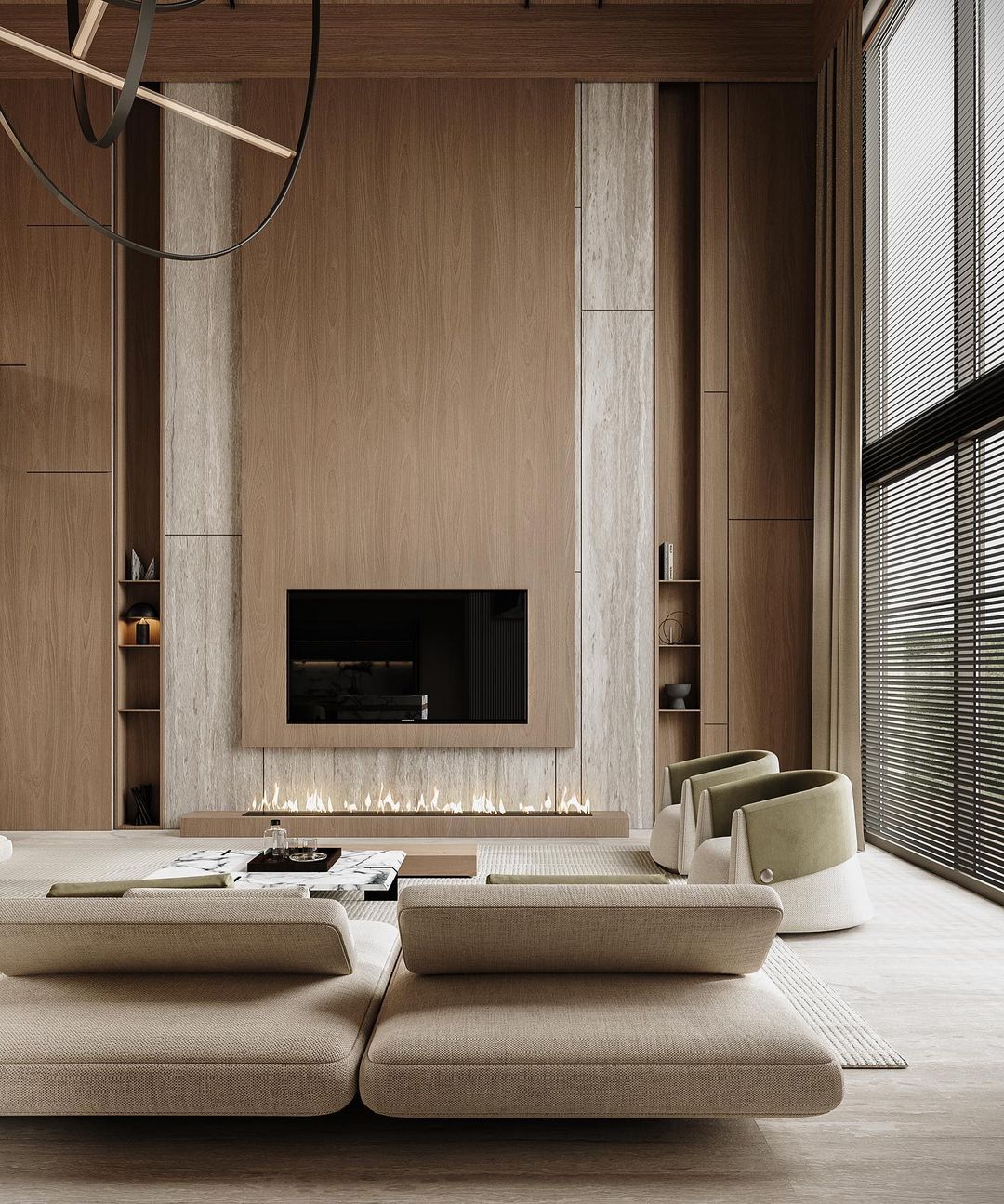 A modern living room with a sleek design featuring a built-in fireplace