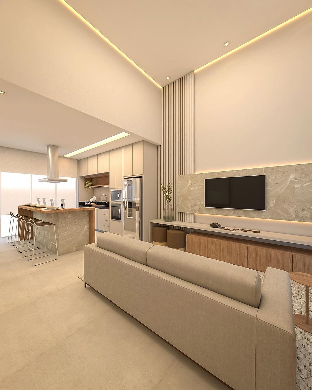 Modern and minimalist living room with integrated kitchen area