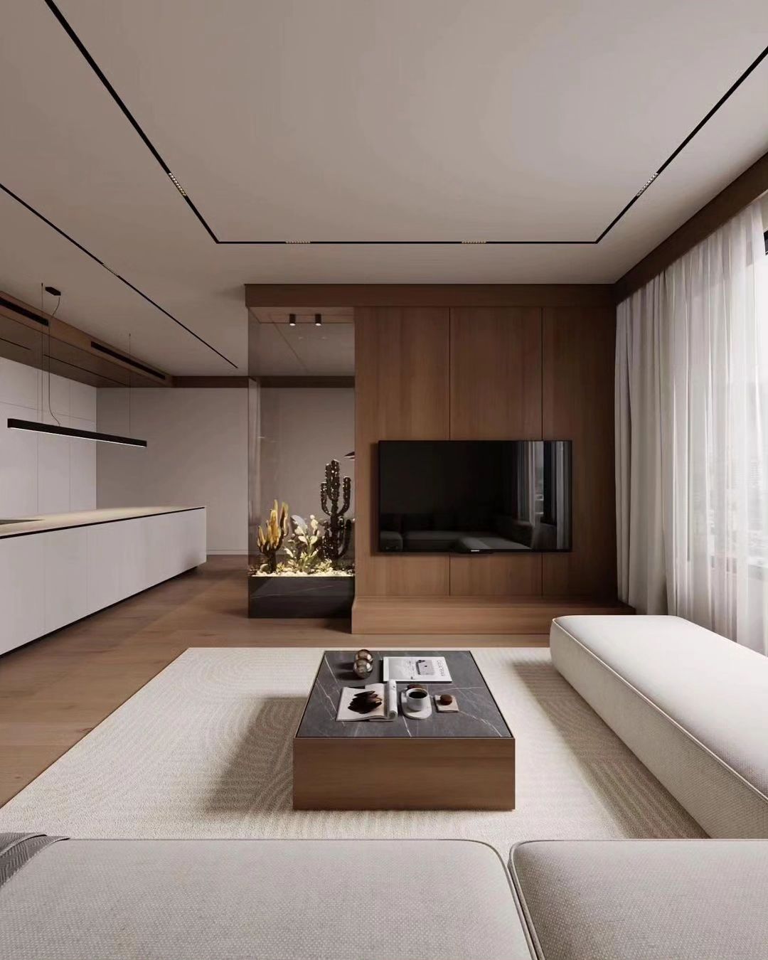 A minimalistic living room with a fusion of modern design and natural wood elements