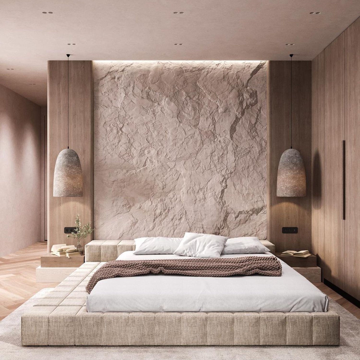 Elegant minimalist bedroom with textured feature wall