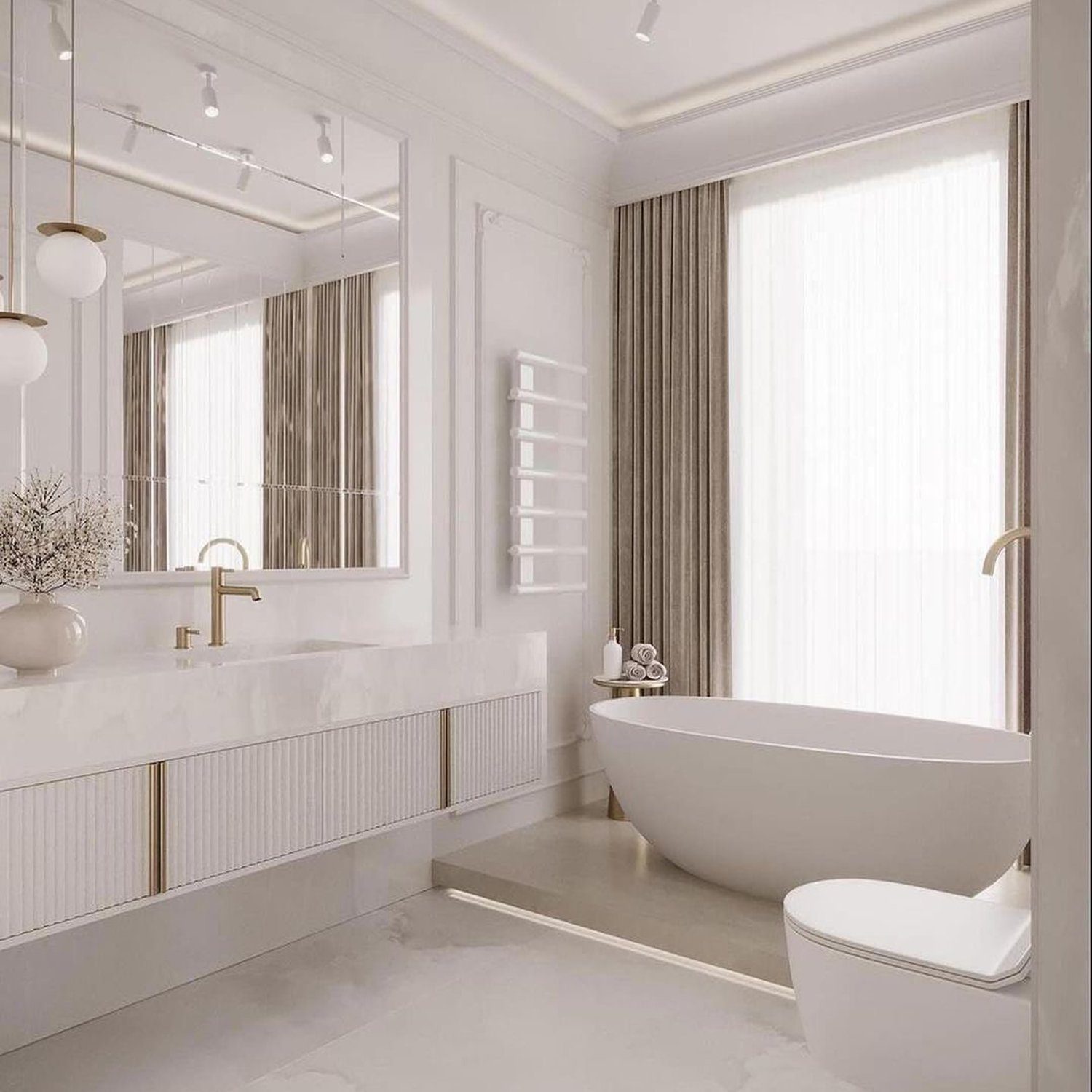 Elegant white bathroom with gold fixtures