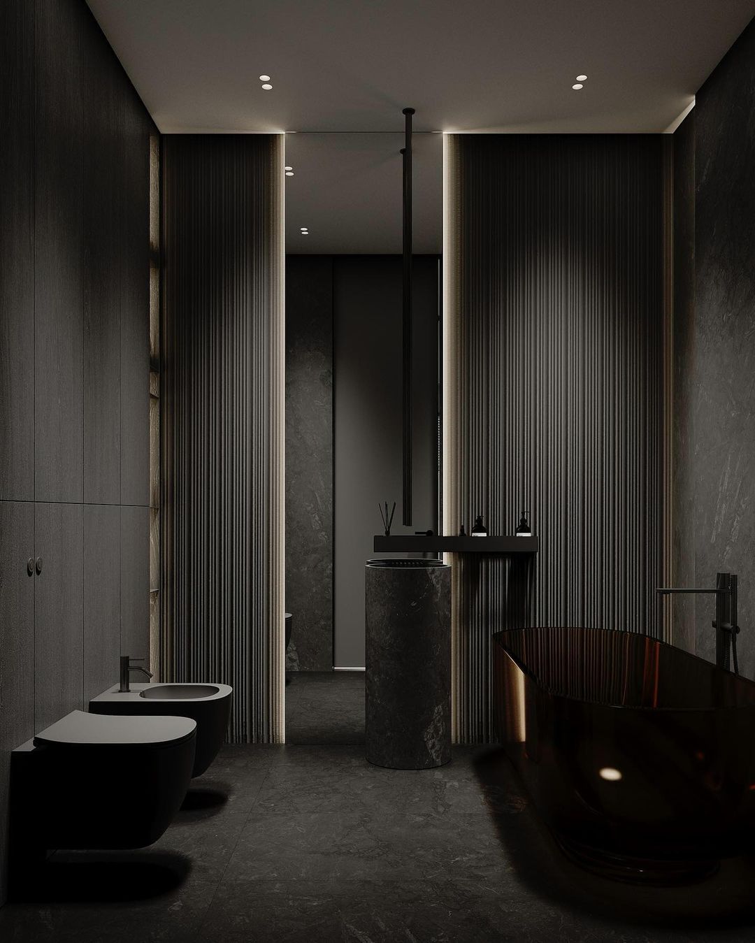 Modern dark bathroom with sophisticated fixtures