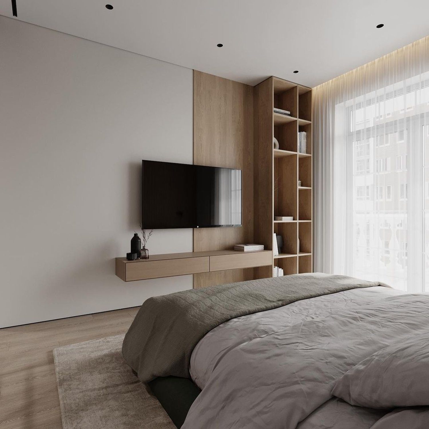 A minimalist bedroom with a clean and modern design