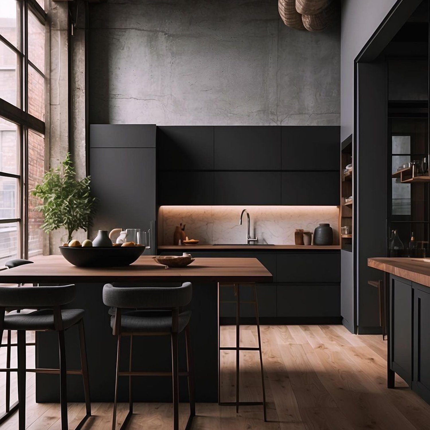 Chic industrial-style kitchen with contrasting textures and dark tones