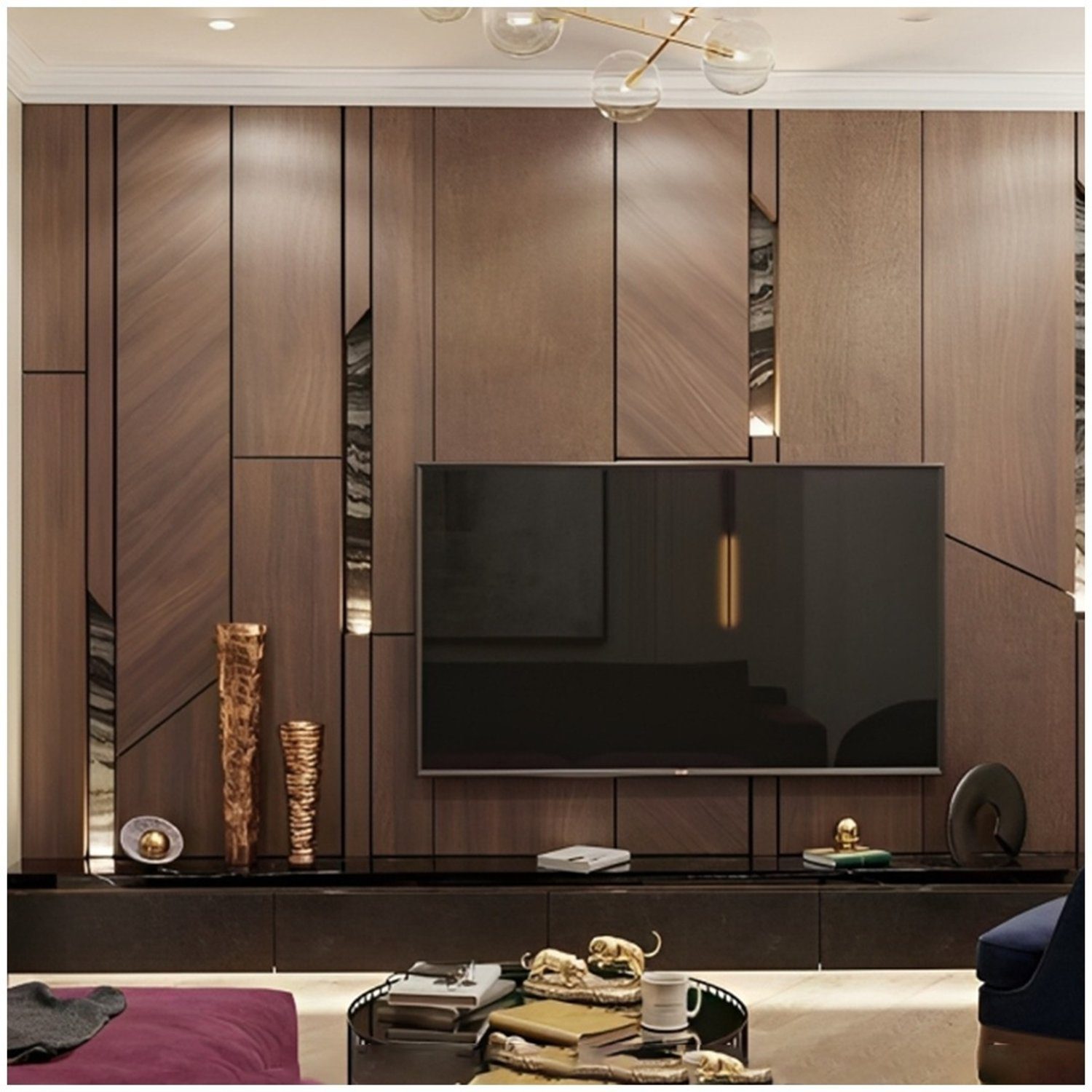 Elegant wood-paneled living room with mounted flat screen TV