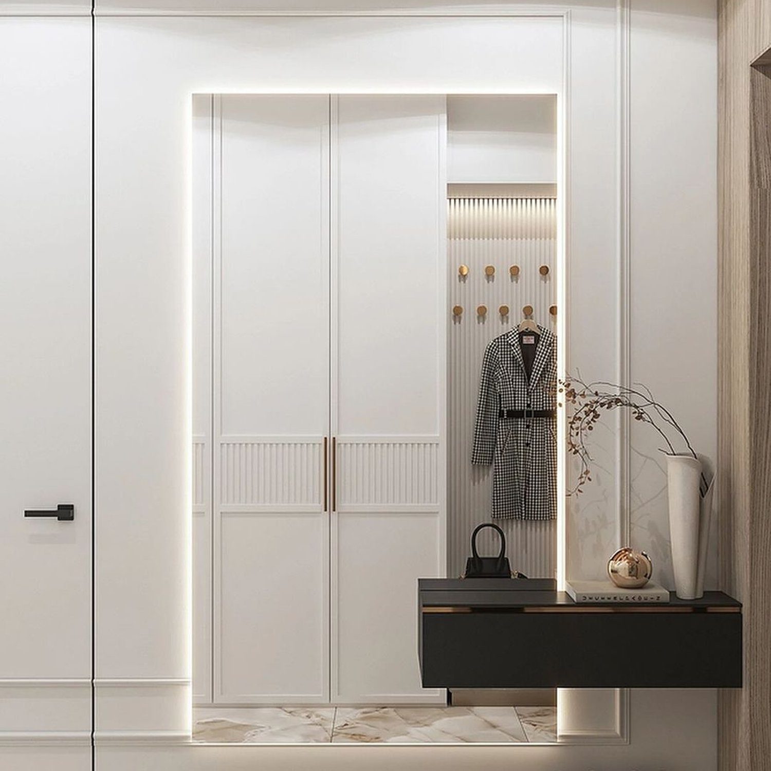 Elegant hallway interior featuring a sleek wardrobe