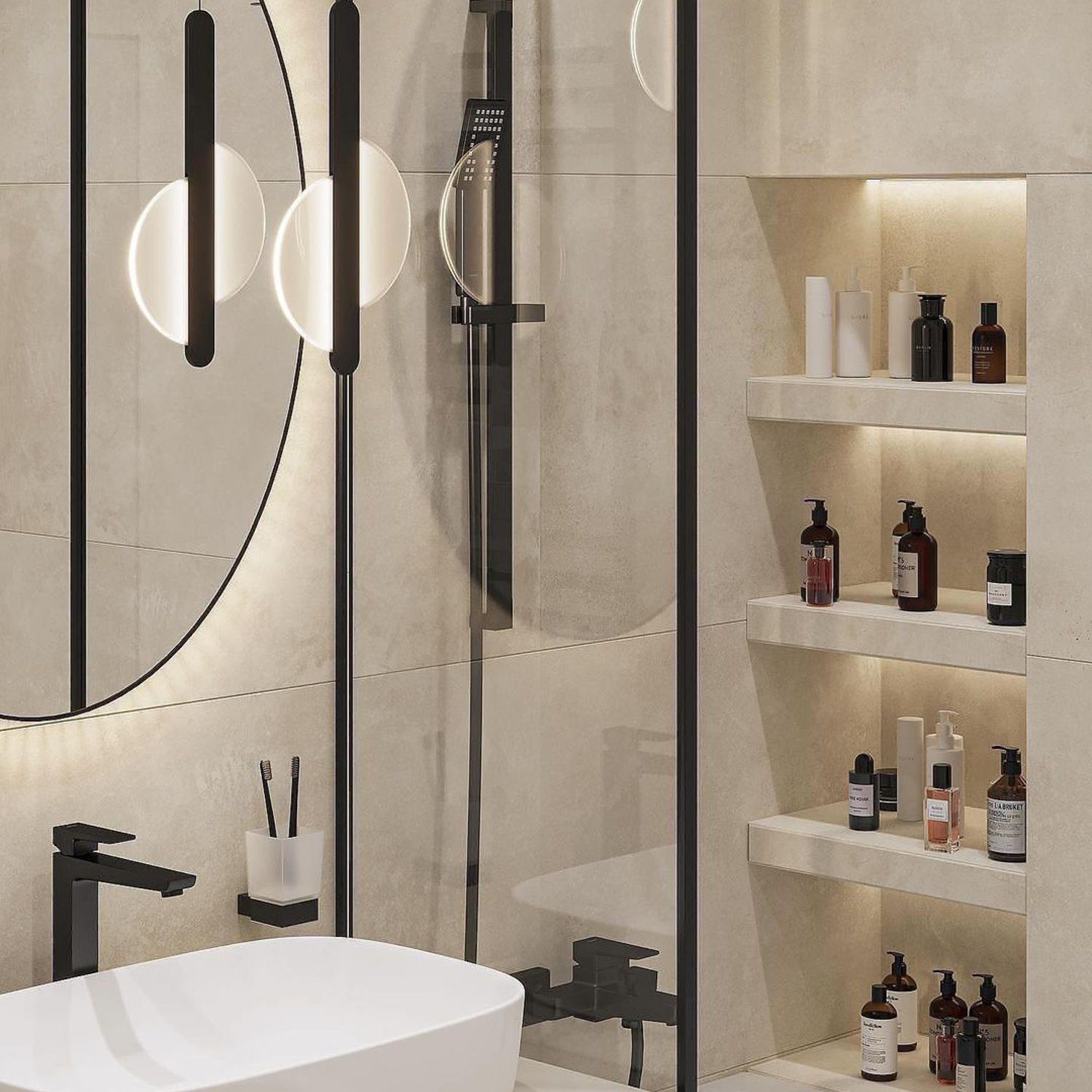 A modern bathroom design featuring a sleek basin and matte black fixtures