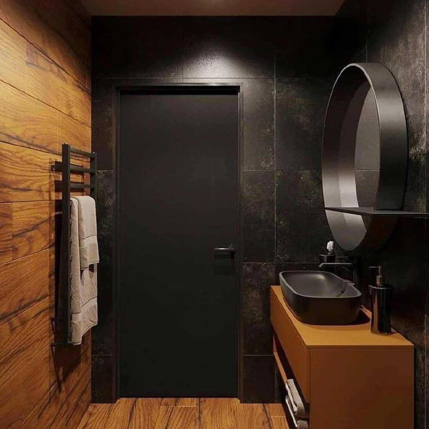 A modern bathroom featuring a contrast of textures with a wooden wall, dark tiles, and a bold mustard vanity.