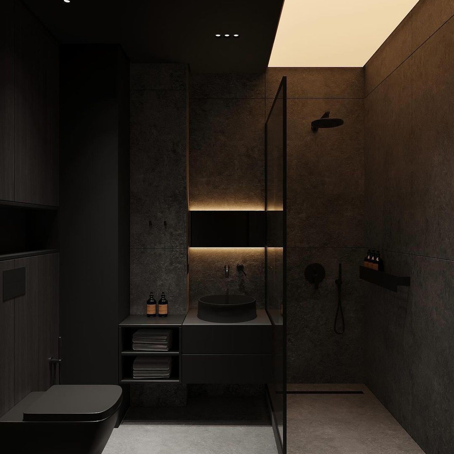 Elegant modern bathroom with dark tones