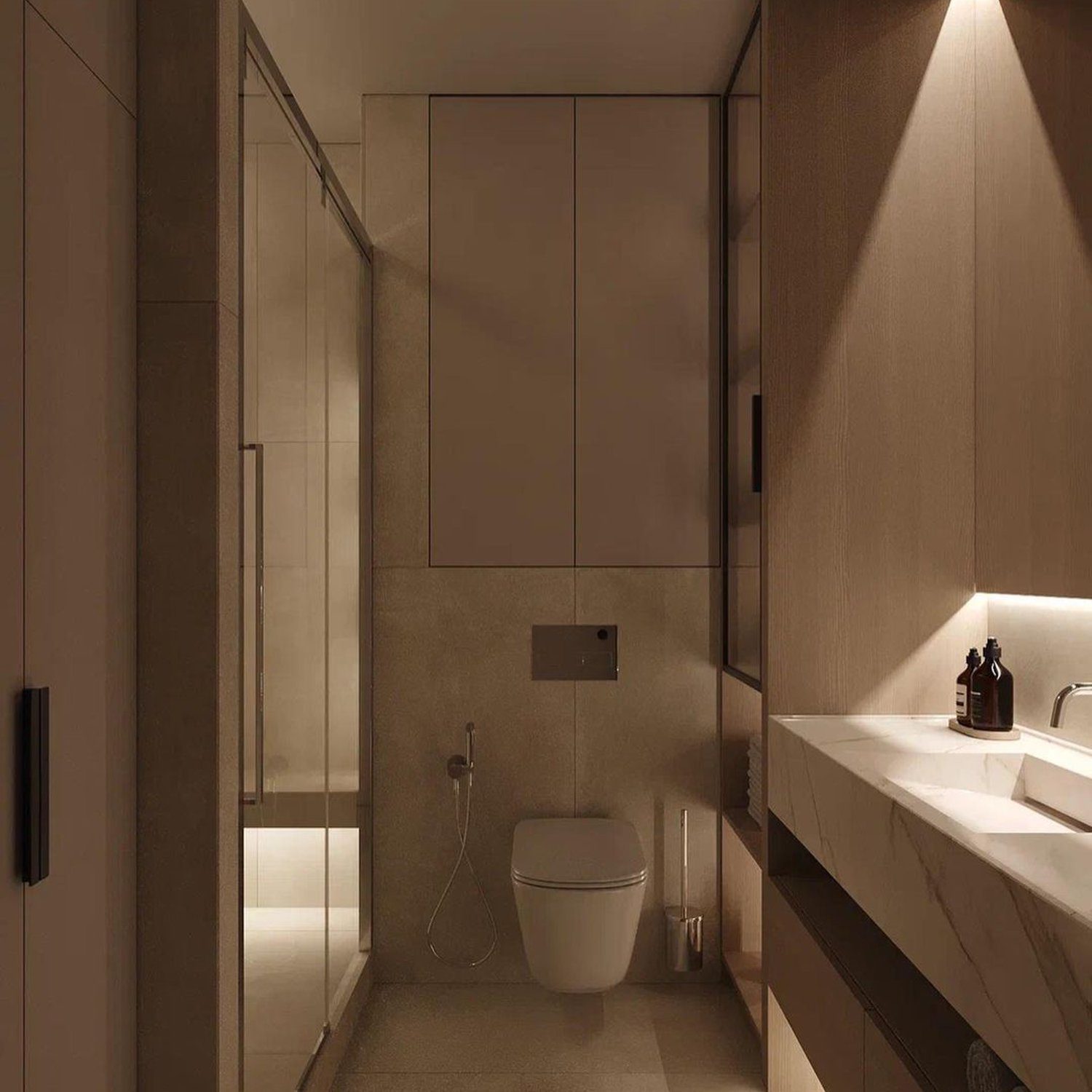 Modern minimalist bathroom with warm lighting